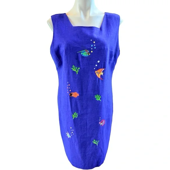 Cobalt Blue Linen Blend Fish Embroidered Shift Dress Coastal 16P - Picture 2 of 11